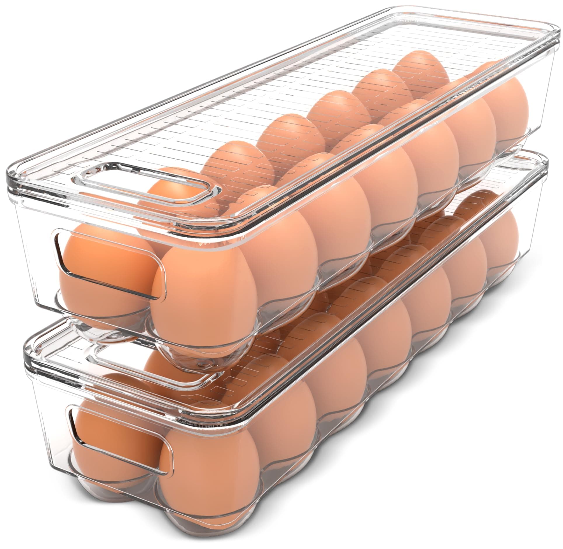 Egg Container With Lid and Handle for Refrigerator Organization- Pack of 2 - Clear Stackable Egg Holder for Kitchen or Pantry Organizers and Storage