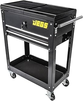 JEGS Heavy-Duty Tool Box Cart | 220 LBS Capacity | Uses Four 4� Caster Wheels | Includes 2 Keyes and 6 Drawer Liners | Black with JEGS Logo | 2 Locking Drawers | Sliding Top