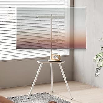 Tripod Easel TV Stand for 43 to 65 Inch LCD Led Screen, Height Adjustable and Swievel TV Stand, Portable TV Floor Stand with Wooden Tray for Bedroom, Living Room, Studio, Metal White.