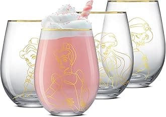 JoyJolt Disney Princess Sketch Stemless Drinking Glasses, 19oz Glass Cups ft Princess Jasmine Ariel Belle Cinderella, Disney Princess Kitchen Glassware Set of 4, Disney Gifts for Adults