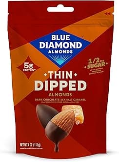 Blue Diamond Almonds, Dark Chocolate Sea Salt Caramel Covered Thin Dipped Snack Nuts for Guilt-Free Snacking with Half the Sugar, Perfect for Gathering, Holidays, or Craving a Sweet Treat, 4oz. Resealable Bag