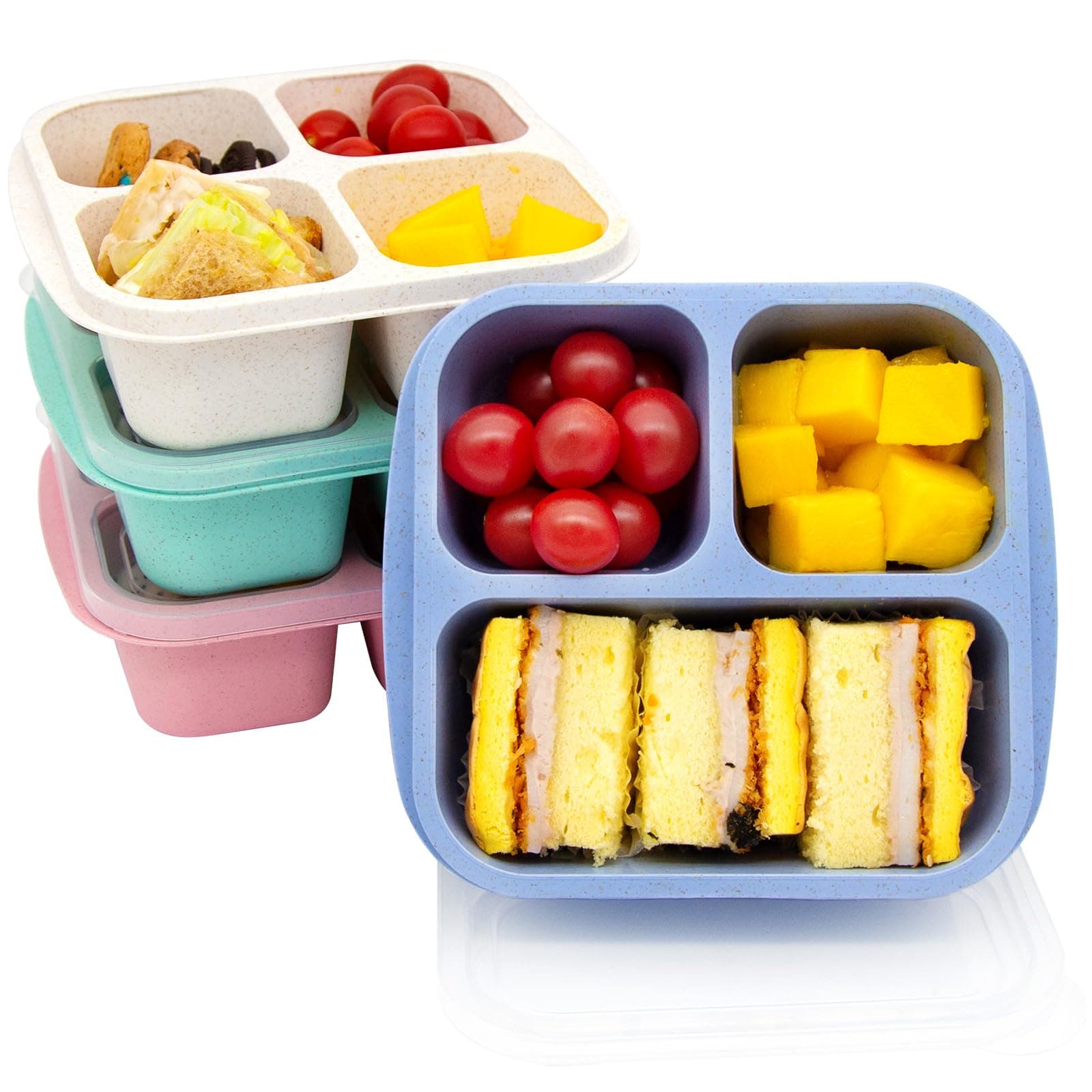 4 pack Bento Lunch Box, Snack Containers，Meal Prep Containers Kids/Toddle/Adults,Food Storage Containers for School, Work and Travel (4 and 3 Compartment Multicolor)