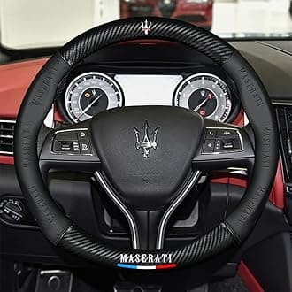 Sponsored Ad - New Fit Maserati Leather Steering Wheel Cover,Stylish Nappa Leather Carbon Fiber Texture Protector,Non-Slip,Universal 15inch Compatible with Maserati Accessories (Old Mase-Black)