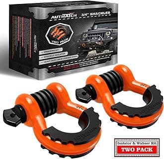 AUTMATCH D Ring Shackle 3/4" Shackles (2 Pack) 41,887Ibs Break Strength, Clevis Shackle with 7/8" Screw Pin & Shackle Isolator Washers Kit for Tow Strap Winch Off Road Vehicle Recovery, Orange & Black