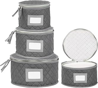 Fine China Storage - Set of 4 Quilted Cases for Dinnerware Storage. Sizes: 12" - 10" - 8" and 7" Wide - Gray - 48 Felt Plate Separators Included