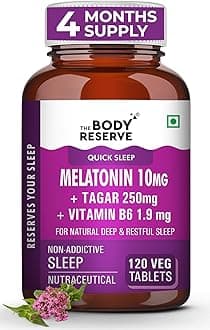 Melatonin 10mg with Tagar 250mg - 120 Veg Tablets for Natural Sleep Aid, Muscle Recovery, Nerve Relaxation, and Stress Relief - Non-Habit Forming Sleep Aid for Men & Women.