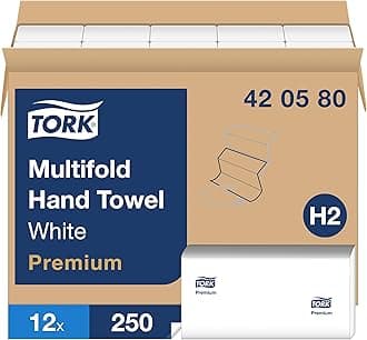 Tork 420580 Premium Multifold Paper Hand Towel, 3-Panel, 1-Ply, 9.0" Width x 9.5" Length, White (Case of 12 Packs, 250 Towels per Pack, 3000 Towels per Case)