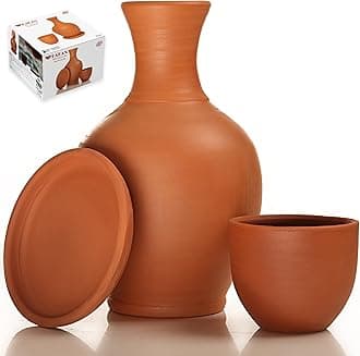 Terracotta Mud Jugs with Mug, Clay Water Pitcher with Cup, Earthen Water Carafe Set, Pottery Jar for Drinking Water, 76 oz
