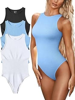 FUNNYBSG Womenâ€™s Sexy Ribbed Bodysuit Tops - 3 Piece Sleeveless Halter Neck Bodysuits with Tummy Control (Color : Black Candyblue White, Size : M)