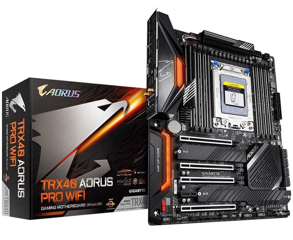 GIGABYTE TRX40 AORUS PRO WIFI (sTRX/AMD/TRX40/Fins-Array Heatsink/12+2 Phases Infineon Digital VRM/3x PCIe 4.0x4 M.2/Intel WiFi 6/Intel GbE LAN/ATX/Motherboard)