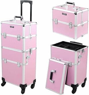 mefeir 2 in 1 Rolling Makeup Train Case, Makeup Travel Organizer Cosmetology Case, Aluminum Cosmetic Display Suitcase on Wheels, Beauty Storage Luggage Lockable w/4 Removable Wheels (Pink)