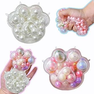 Titata 2 Pcs Handmade Grape Noisy Squishy Ball for Adults, Colorful and White Beads Cat Paw Sensory Fidget Toys for Kids Stress Relieve Squeeze Toys