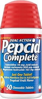 Complete Acid Reducer + Antacid Chewables, 10 mg Famotidine, 800 mg Calcium Carbonate & 165 mg Magnesium Hydroxide per Tablet, Antacid Chews for Heartburn, Tropical Fruit, 50 Ct