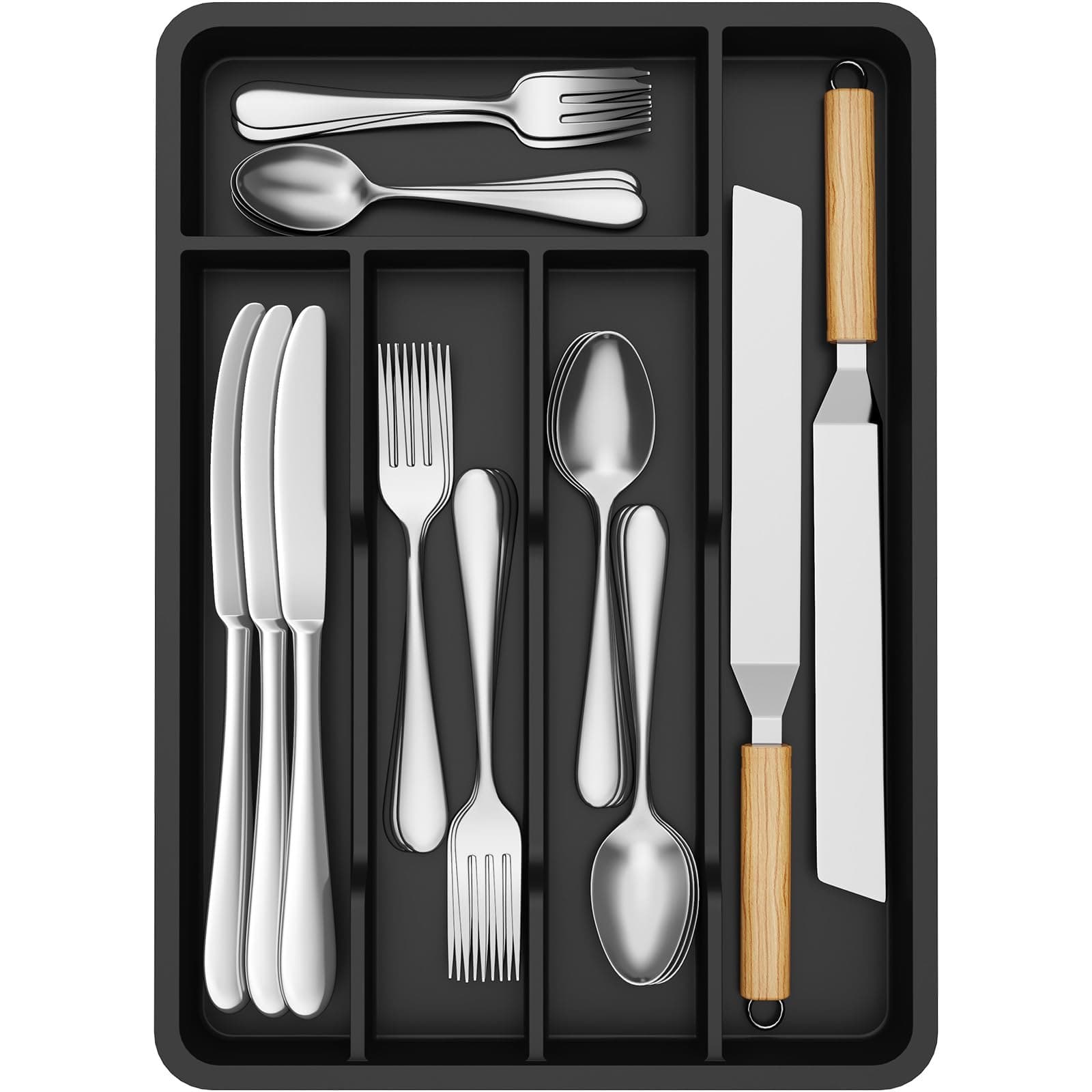 Lifewit Silverware Drawer Organizer Tray, Plastic Cutlery Storage for Kitchen, Flatware and Utensil Holder Divider for Spoons Forks Knives Tableware, 9.5 x 13.4", 5 Slots, Black