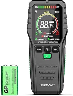 RDINSCOS Pinless Moisture Meter Detector, Non-Invasive Damp Meter for Walls Wood Masonry, Accurate 4 Modes Damp Tester with Backlit LCD Screen, 3-Color Bar Graph, Audible Alerts, Data Hold (MT28C)