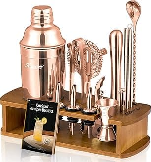 KITESSENSU Cocktail Shaker Set Bartender Kit with Stand - Drink Mixer Bar Set with All Essential Bar Accessory Tools - Martini Shaker Jigger Strainer Mixer Spoon Muddler Liquor Pourers - Rose Gold