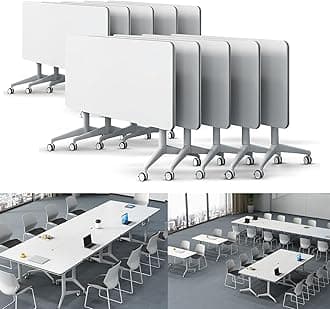 Folding Conference Table Modern Large Mobile Meeting Table Rolling Conference Room Tables with Wheels Seminar Tables for Office Training Classroom (10, White, 55" D X 23.6" W X 29.5" H)