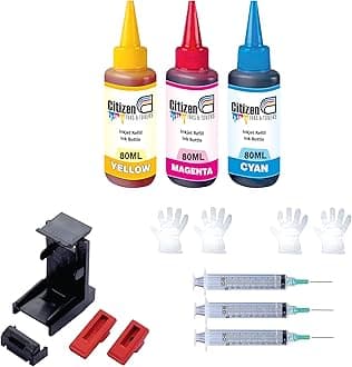 Refill Kit with Suction Tool Combo Pack of High Yield Inkjet Cartridge Ink Refill Compatible for HP and Canon Cartridge Printers - 80ml Per Bottle (3 Color Ink Full Set)