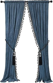 Helen curtain Luxury Pom Poms Curtain for Living Room Blackout Velvet 2 Panels Curtains Set Luxury Tassel Bedroom Curtains(Grey-Blue ,(50W×108L)×2)