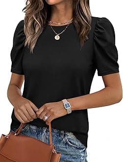 Blouse for Women Dressy Casual Puff Short Sleeve Boho Tops Fashion Floral Crew Neck Tunic Shirts Summer Clothes