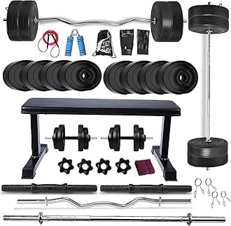 BODYFIT Home Gym Set Combo Kit, Gym Strength Training, (16-100 Kg), 3Ft Curl, 5Ft Plain Rod, Flat Bench-Black, 2X14'' Dumbbell Rods Weight Plates, Fitness Exercise Set. (30 Kg Weight Plates)