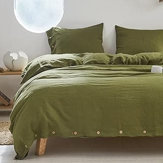 Simple&Opulence 100% Linen Duvet Cover Set with Coconut Button Closure Washed - 2 Pieces (1 Duvet Cover & 1 Pillowcase) Soft Breathable Farmhouse - Olive, Twin Size