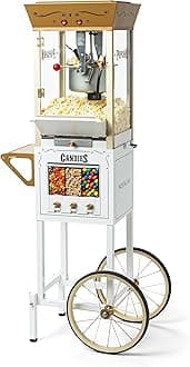 Vintage 8 Ounce Professional Popcorn and Dispensing Cart, Makes Up to 32 Cups, Three Storage Dispensers for Kernels, Candy, Nuts, Chocolate, Measuring Spoons and -Scoop Included