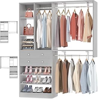 Closet System - 5FT Small Closet System with Drawers, 60" Closet Organizer System with Reversible Hanging Shelving, Closet Systems for Small/Walk-in Closets, Morandi Grey