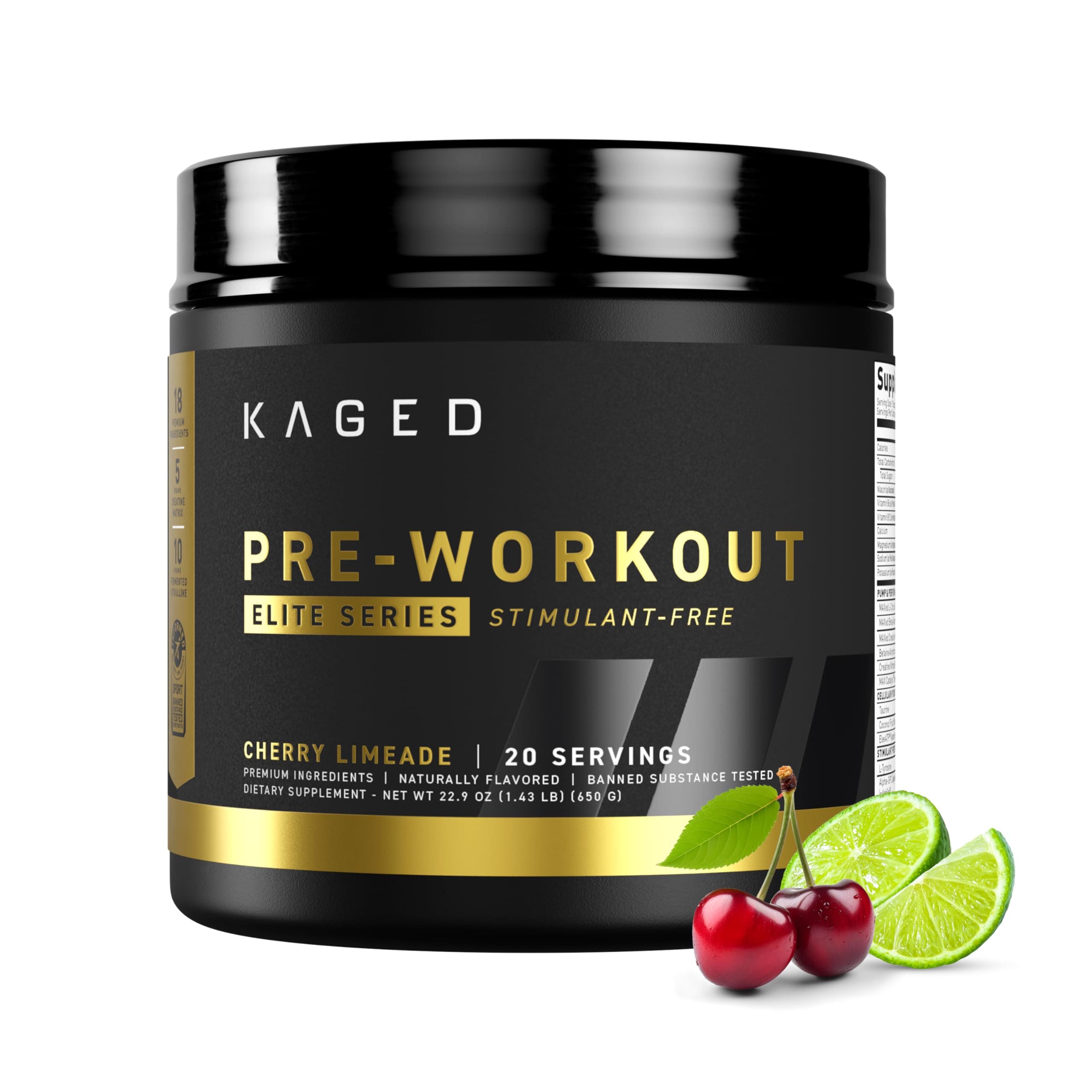 Pre Workout Elite Stim Free Powder | Cherry Limeade | Creatine, Beta Alanine, L-Citrulline | No Caffeine | 20 Servings