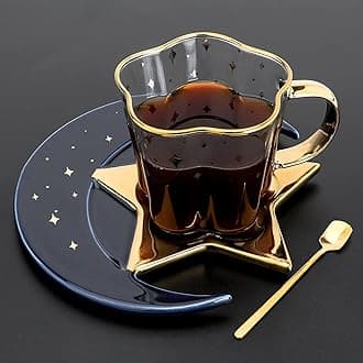 SXDGS 8.1 oz/240 ml Glass Coffee Cup And Ceramic Star Moon Saucer With Spoon Set Golden Handle Glass Cup Afternoon Tea Juice And Water Drinks cup (blue)