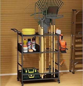 GILLAS Garden Tool Organizer Cart, Yard Tool Organizer for Garage, Up to 35 Long-Handled Tool Storage Rack, Yard Tool Holder for Rakes/Brooms/Shovles, Outdoor Use Garden Tool Utility Cart