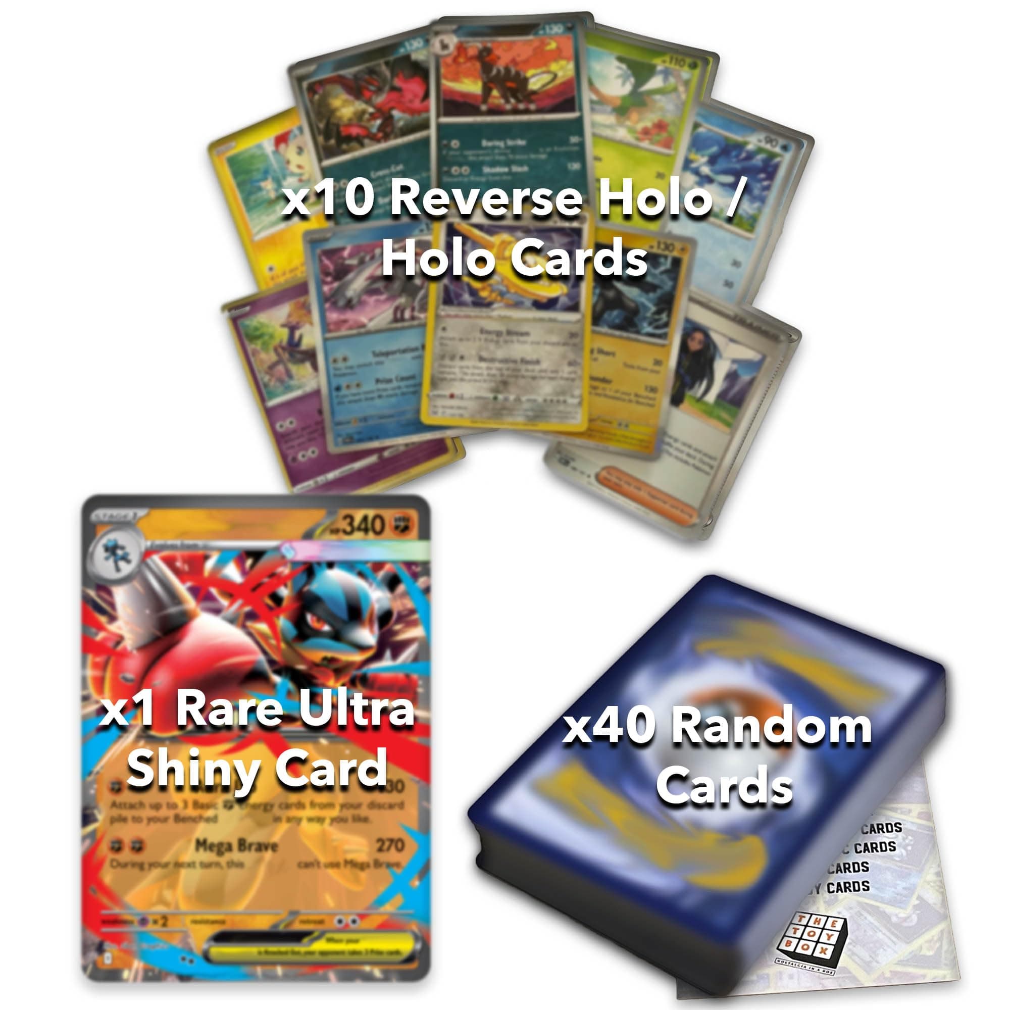 Ultimate Shiny Card Bundle - 50 Random Cards Guaranteed 10 Holos + 1 Rare Ultra Shiny Card Plus The Toy Box Authenticity Token