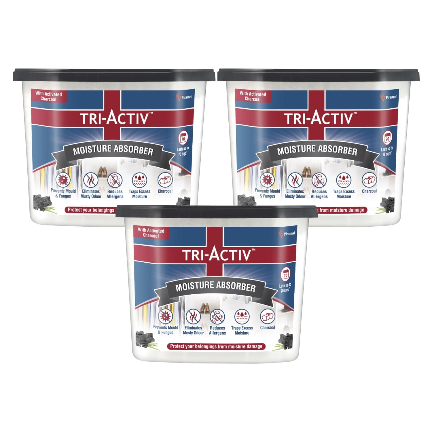 Tri-Activ Moisture Absorber | Absorbs upto 600ml Each|Pack of 3 | Dehumidifier for Room Moisture | Air Freshener & Humidity Absorber for Wardrobe, Toilet & Car | Prevents Mould, Fungus, Odour|Charcoal