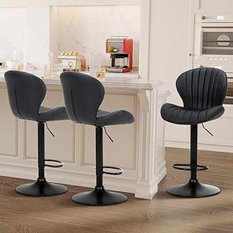 COLAMY Bar Stools Set of 3, Modern Swivel Bar Chairs, Adjustable Faux Leather Upholstered Barstools Counter Height with High Backrest for Kitchen Island, Dining Room, Black