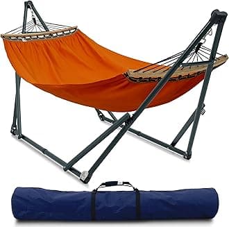 Tranquillo Sturdy Steel Hammock with Stand Premium Cotton Canvas Hammock, 600 lbs Capacity Hammock Stand Folding, Portable 30-Second Fold Unfold Hammock for Camping, Orange