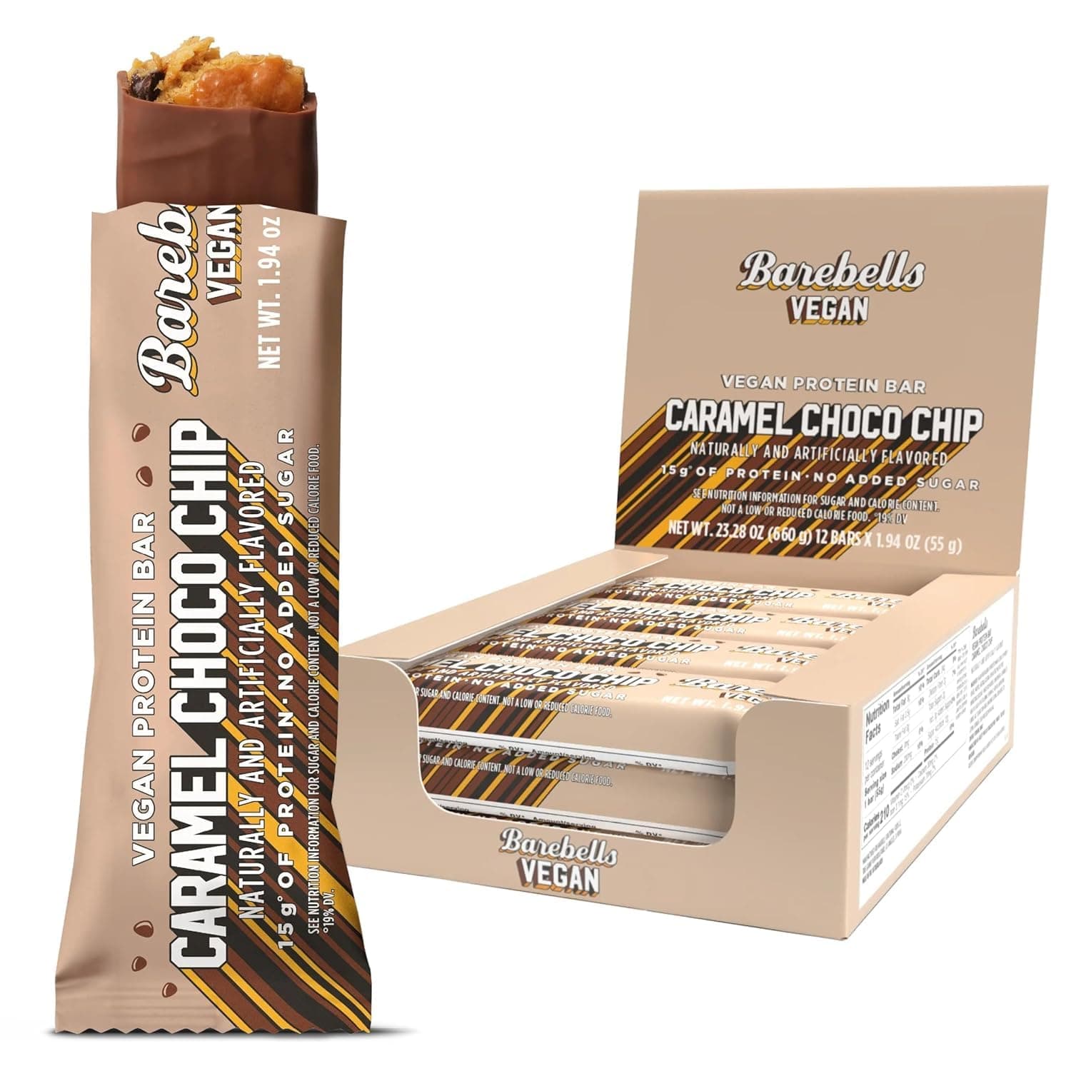 Vegan Protein Bars Caramel Choco Chip, Plant Based with High Protein - Chocolate Protein Bars - Perfect on The Go Protein Snack & Breakfast Bars 12 Count (Pack of 1)
