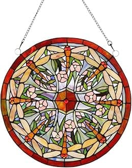 Makenier Vintage Art Nouveau Tiffany Style Stained Glass Round Dragonfly Window Hanging Window Panel Widnow Pane Window Wall Decor Decoration