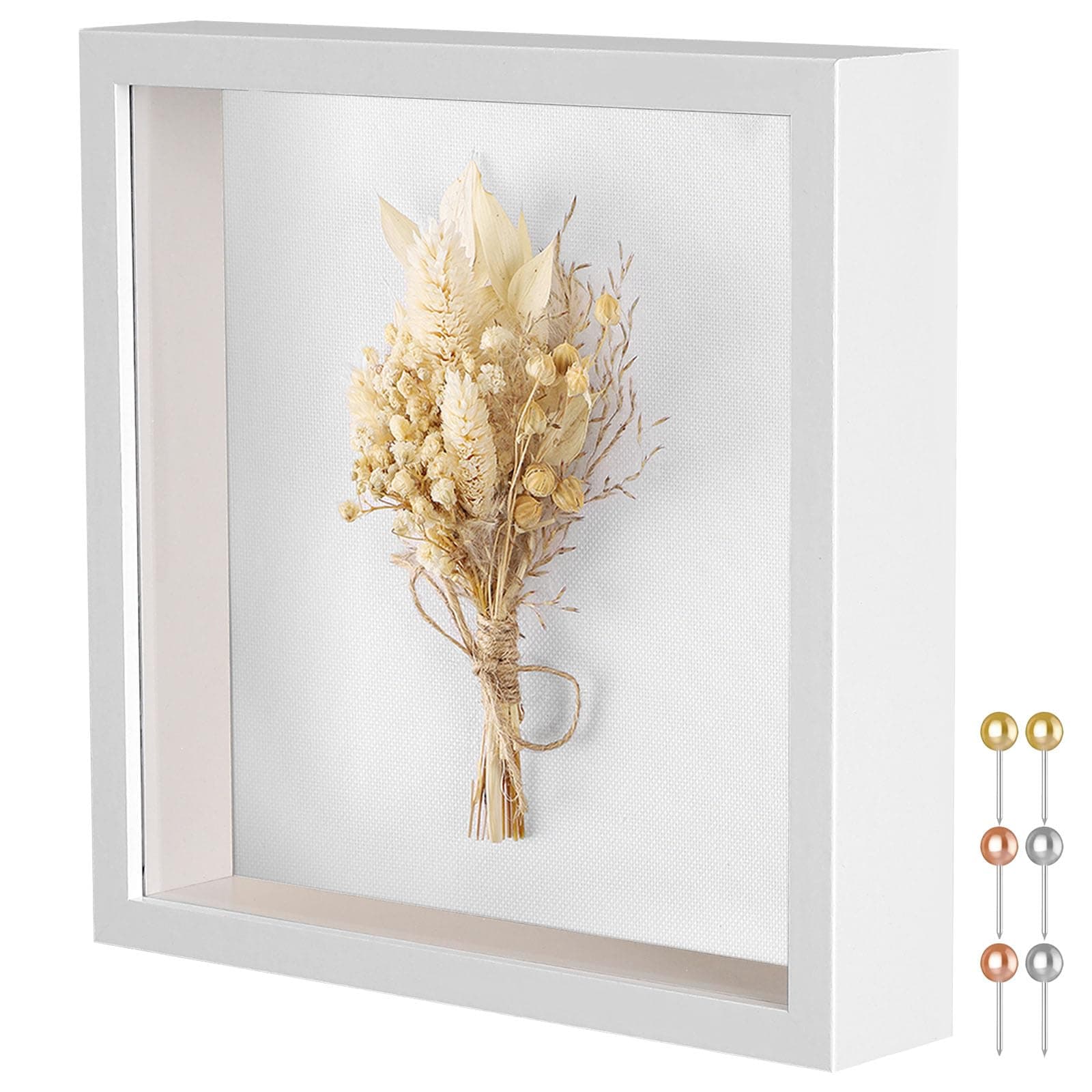8x8 Shadow Box Frame with Soft Linen Back - Metal Push Pins Included, Memory Box Display Case for Memorabilia Flower Awards Medals Wedding Photos, White