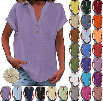 Yinguo Ladies Tops 2025 Women's Summer Cotton Linen Cap Sleeve T-Shirt Button V Neck Tunic Tops Fashion Baggy Solid Plain Shirts Trendy Blouse 1