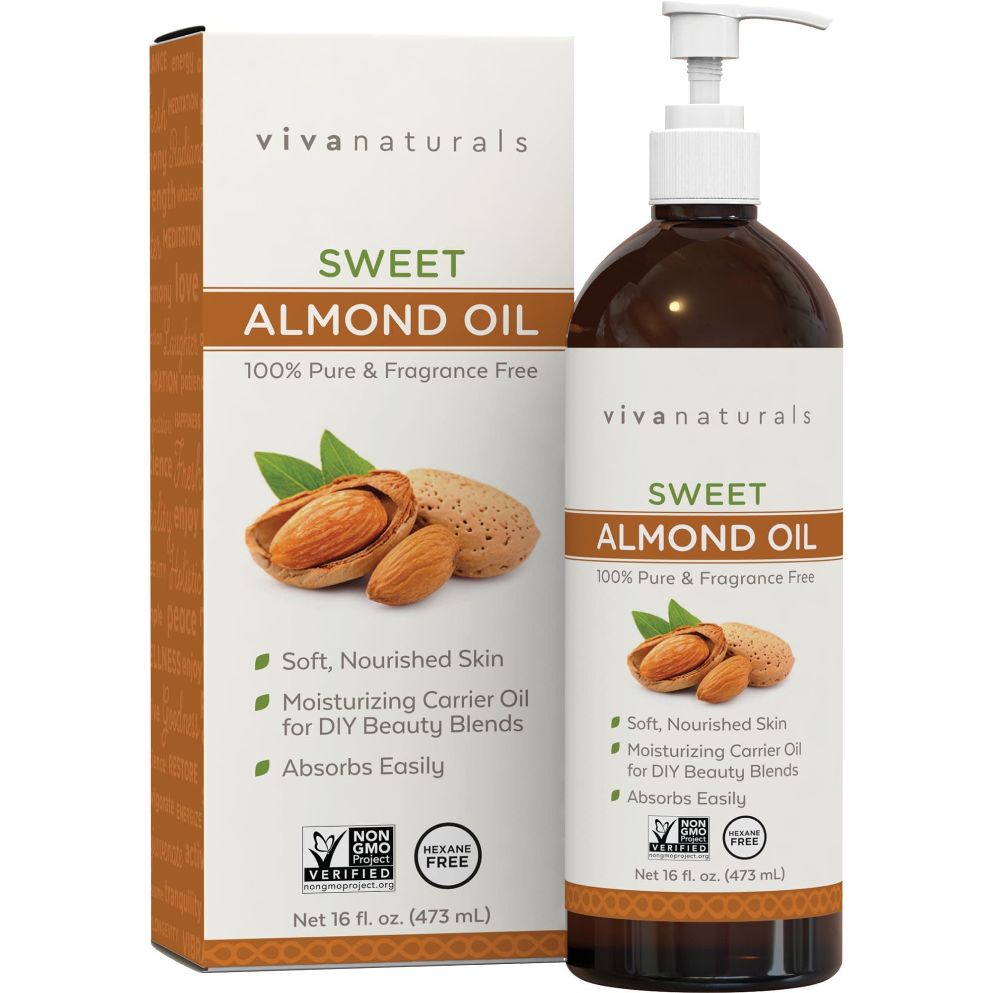 Viva Naturals Sweet Almond Oil, 16 fl. oz – Skin & Hair Moisturizer, Body & Massage Oil, Carrier Oil for Essential Oils, Non-Greasy & Pure