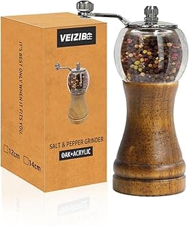 VEIZIBEE Pepper Mills, Classical Roast Black Manual Pepper Grinder Set，Hand Shake Salt Mill，Retro Style Wood， Acrylic，Ceramic Blades，Metal Handle, Enjoy Fresh Pepper (Walnut color 1pcs-6in)