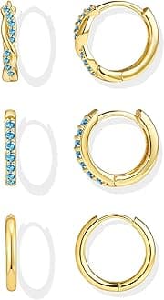 14K Gold Plated Huggie Hoop Earrings for Women, Small Sterling Silver Earring Set Hypoallergenic Cartilage Helix Stacks, Mini Dainty Cute Trendy Birthstone Jewelry Gift for Multiple Piercings