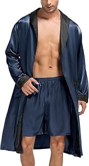 SWOMOG Men's Satin Robe with Shorts Set Silky Kimono Bathrobe Lightweight Soft Sleepwear