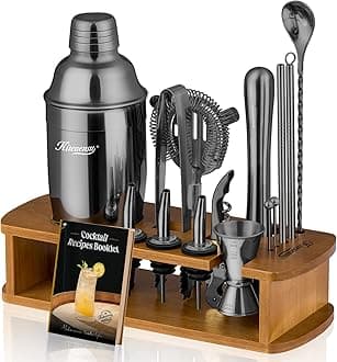 KITESSENSU Cocktail Shaker Set Bartender Kit with Stand | Bar Set Drink Mixer Set with All Essential Bar Accessory Tools: Martini Shaker, Jigger, Strainer, Mixer Spoon, Muddler, Liquor Pourers | Black