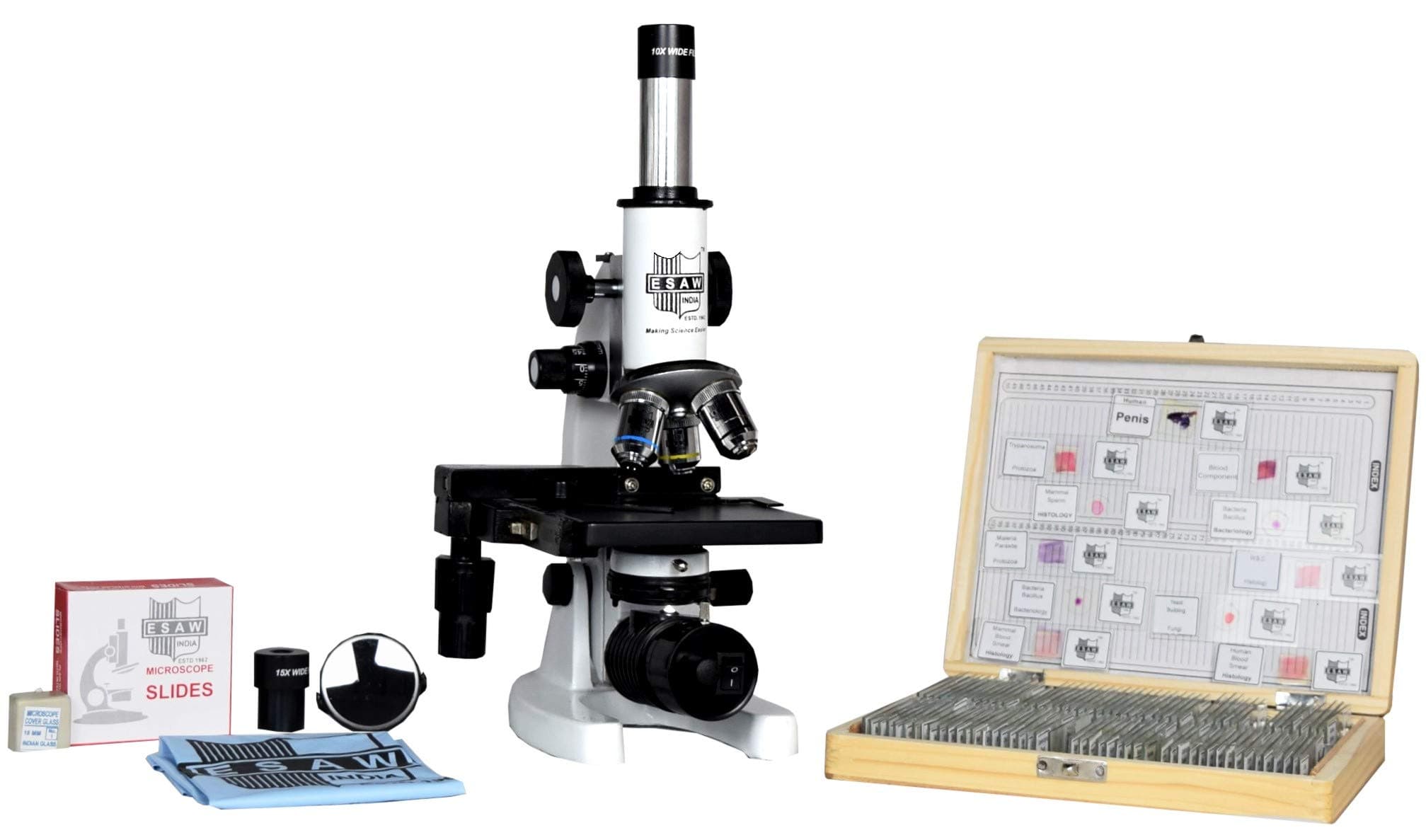 ESAW 2500X Compound Medical Microscope with 100 Prepared Microscopes Slides for Students (Magnification: 100X to 2500X)