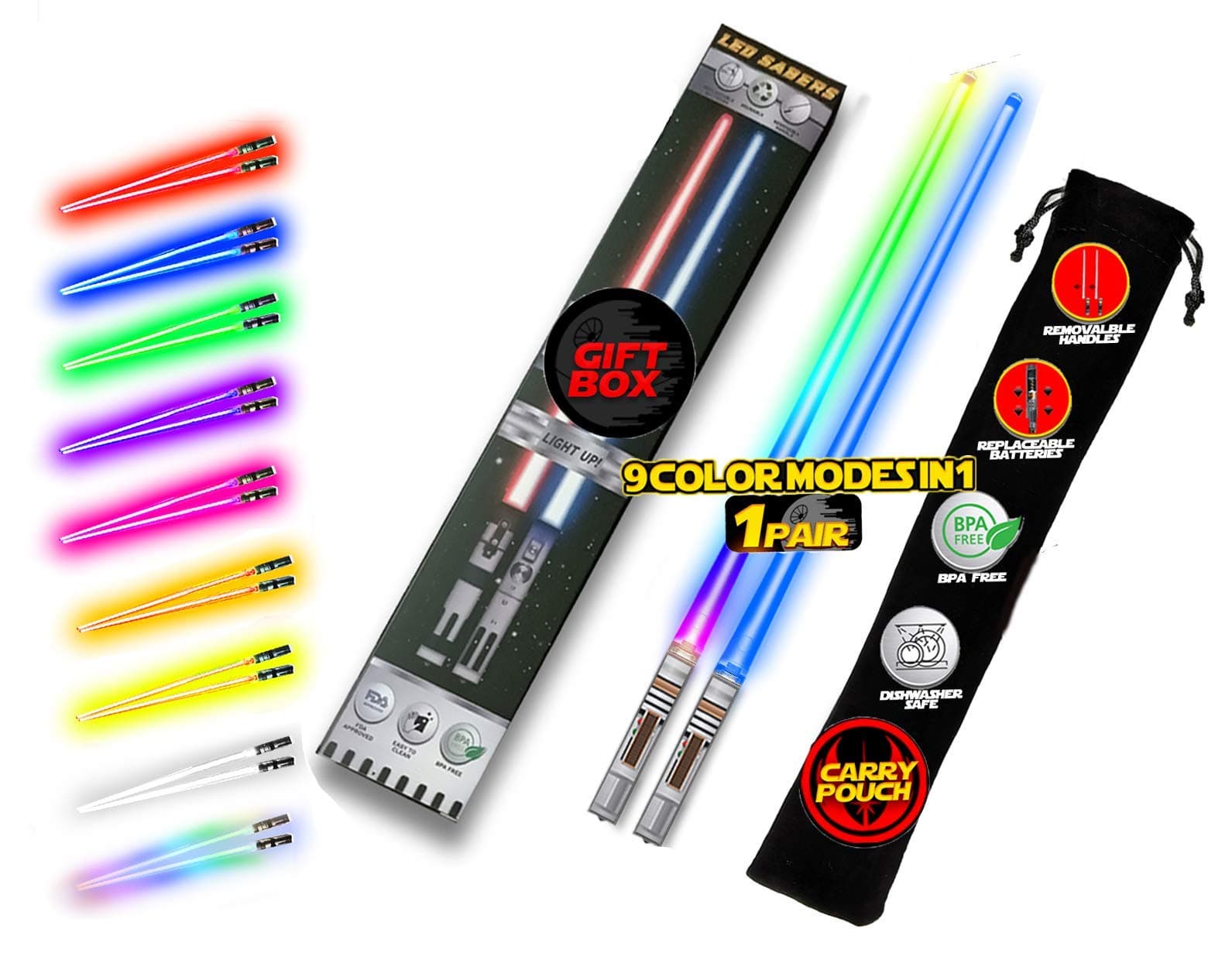 Saber Chops LIGHTTICKS LIGHT UP STAR WARS LED Glowing Light Sticks REUSABLE Sushi Lightup s Removable Handle Dishwasher Safe 8 Color Modes 1 Pair