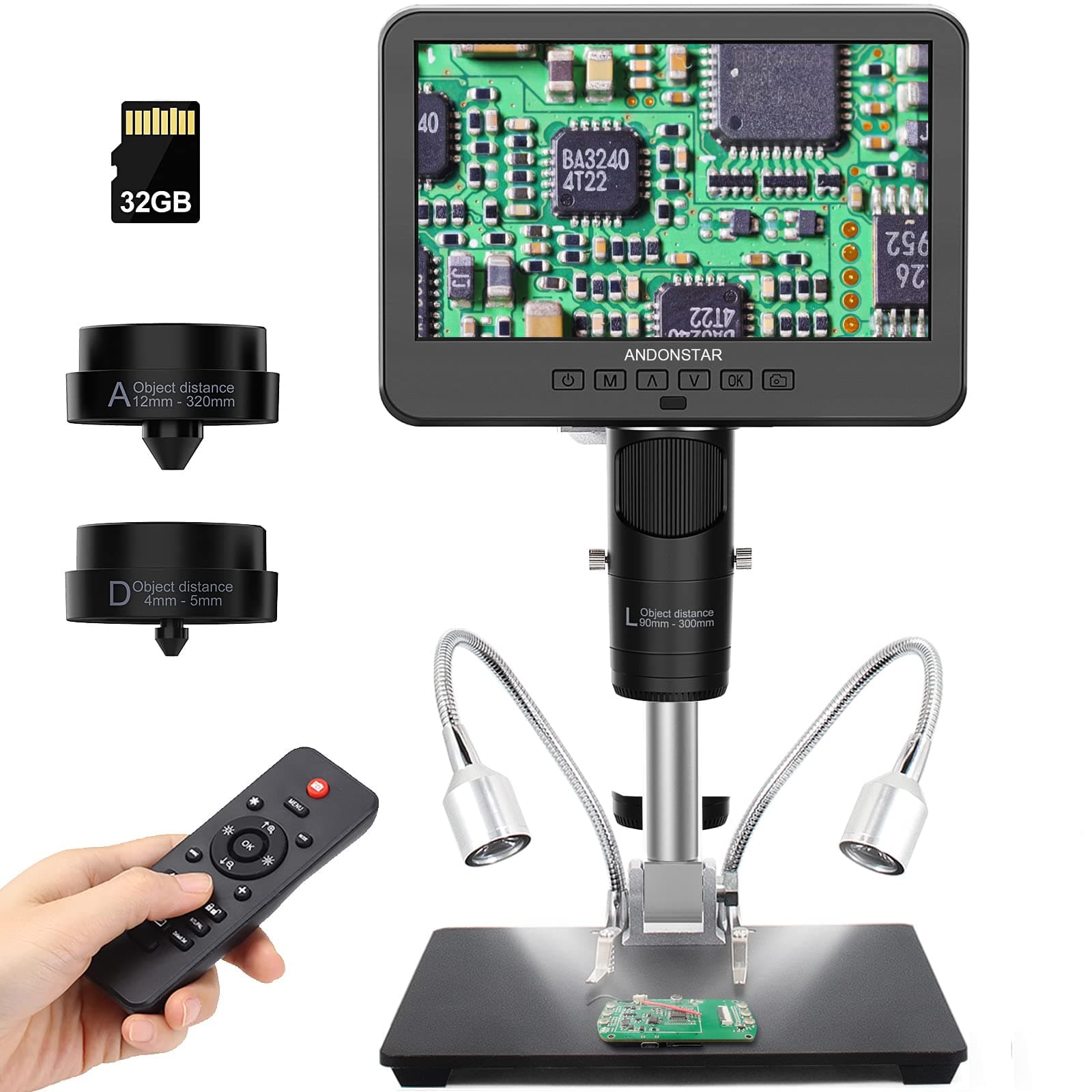 Andonstar AD246S-M HDMI Digital Microscope - 2000x, 3 Lens 2160P UHD Video Record, 7 Inch LCD Soldering Microscope