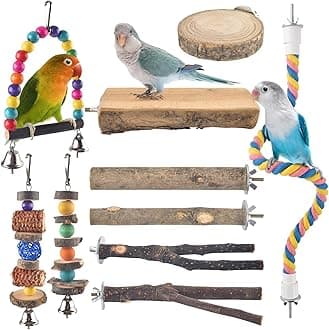Bissap 10 PCS Bird Chew Toys, Parakeet Natural Wood Parrot Hanging Cage Toy Swing Rope Paw Fork Perch Stand Platform for Small Birds Conure Cockatiel Parrotlet Lovebird Budgie Exercise Training