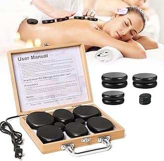 Primachen Hot Stone Massage Kit Warmer and Stones, 10 Pcs Bamboo Box Hot Stone Warmer, Hot Rocks Basalt Massage Stones for Home Spa Warming (10 Stones)