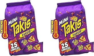 Takis Fuego Mini 25 pc / 1.23 oz Bite Size Multipack, Hot Chili Pepper & Lime Flavored Extreme Spicy Rolled Tortilla Chips (Pack of 2)